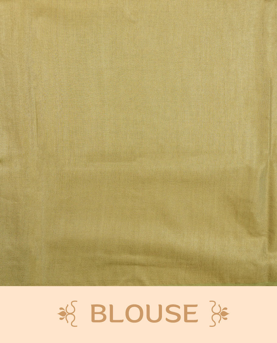 Olive colour semi jute saree highlighting gold zari stripped body with white motifs, without border and paired with matching blouse.