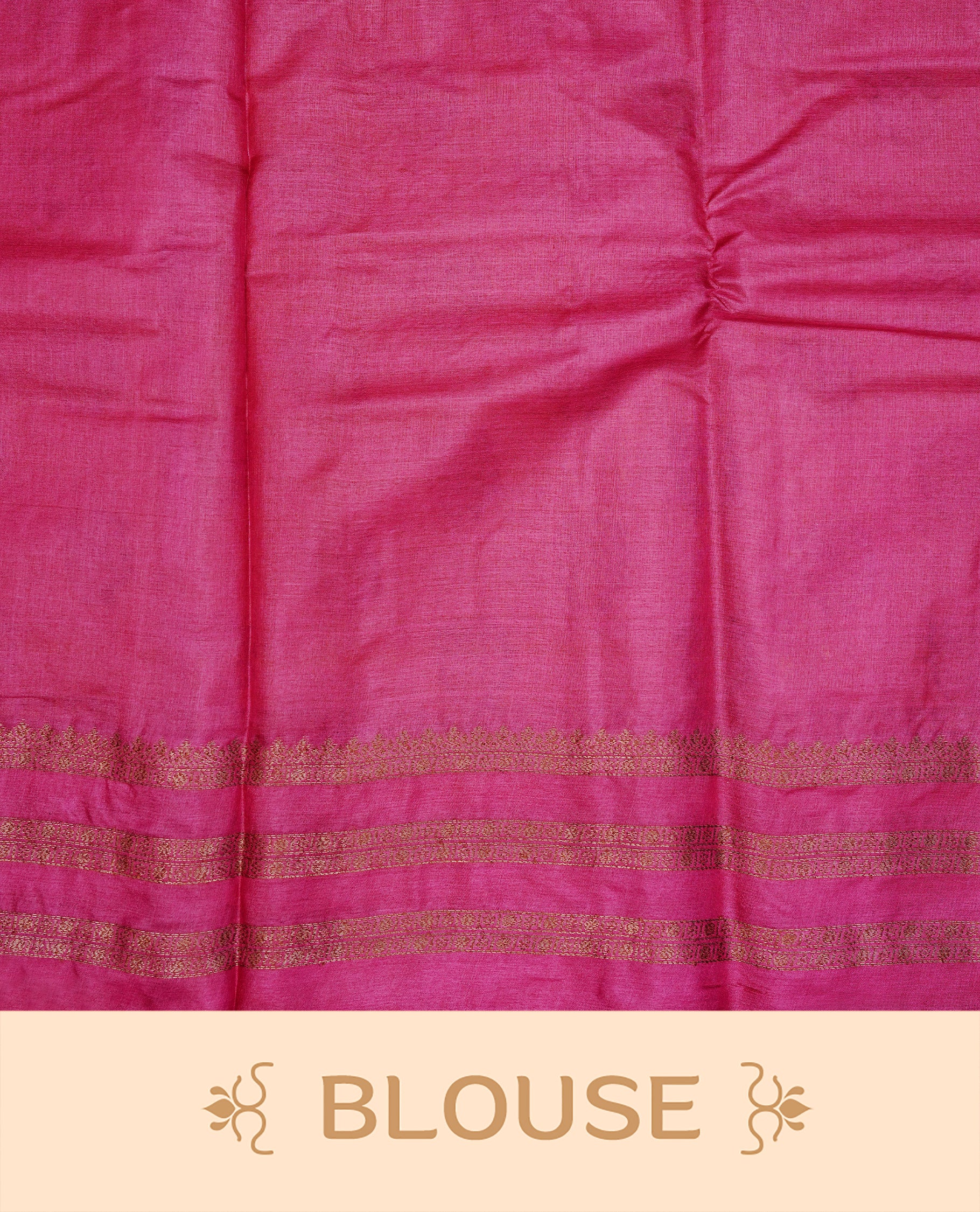 Mustard colour pure tussar banaras silk saree featuring gold zari motifs on body, highlighting contrast Magenta colour with zari border, paired with matching blouse piece.