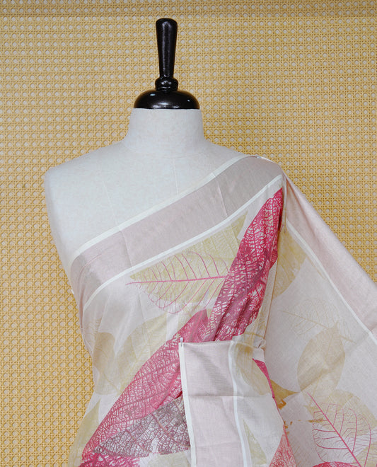 Cream Colour Tissue Kerala Saree Featuring A Digital Leaf Prints On  Body & Pallu, Beautifully Enhanced With A Classic Rose Gold Zari Border And  Olive Green & Maroon  Tassels Paired With A Matching Blouse Piece.