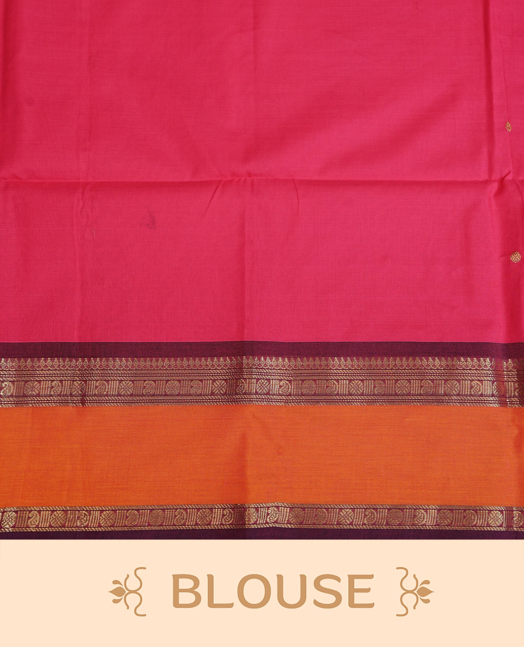 Rani pink colour chettinad cotton saree featuring gold zari motifs body, Contrast Maroon & Orange colour with Gold zari border, comes with matching blouse piece.