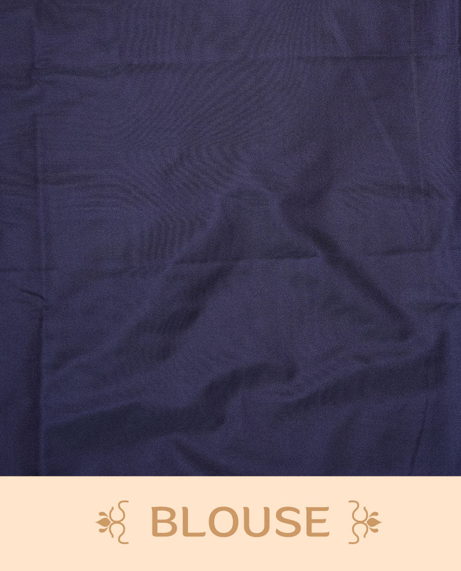 Navy Blue soft silk saree features a sleek borderless design with intricate antique zari motifs, flowing into a seamless self colored pallu and a matching blouse piece.