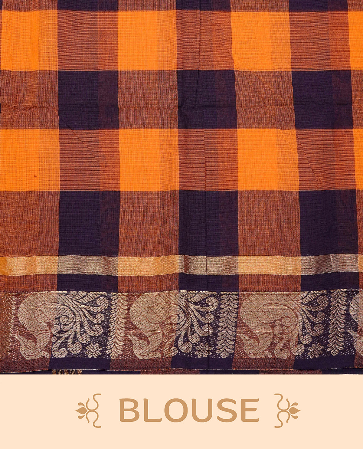 Dark Wine & Orange Colour Chettinad cotton saree featuring bold checked patterns across the body, complemented by a classic zari woven peacock motifs On border and matching checked pallu, paired with a matching blouse piece.