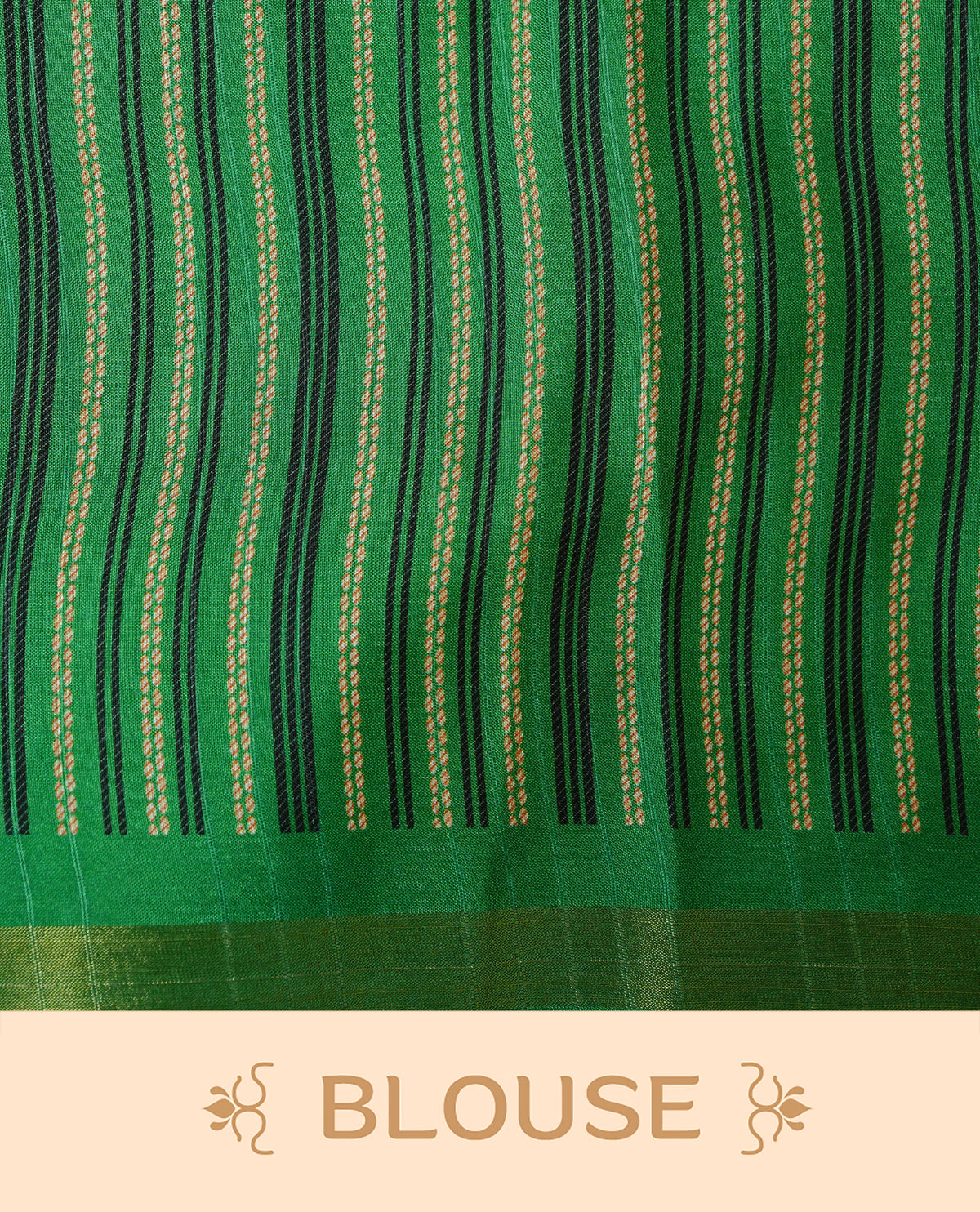Black And Green Colour Kattan silk saree featuring buttas all over the body, a temple-designed border &  a contrasting striped pallu with tassels. Paired with a matching contrast-striped blouse piece.