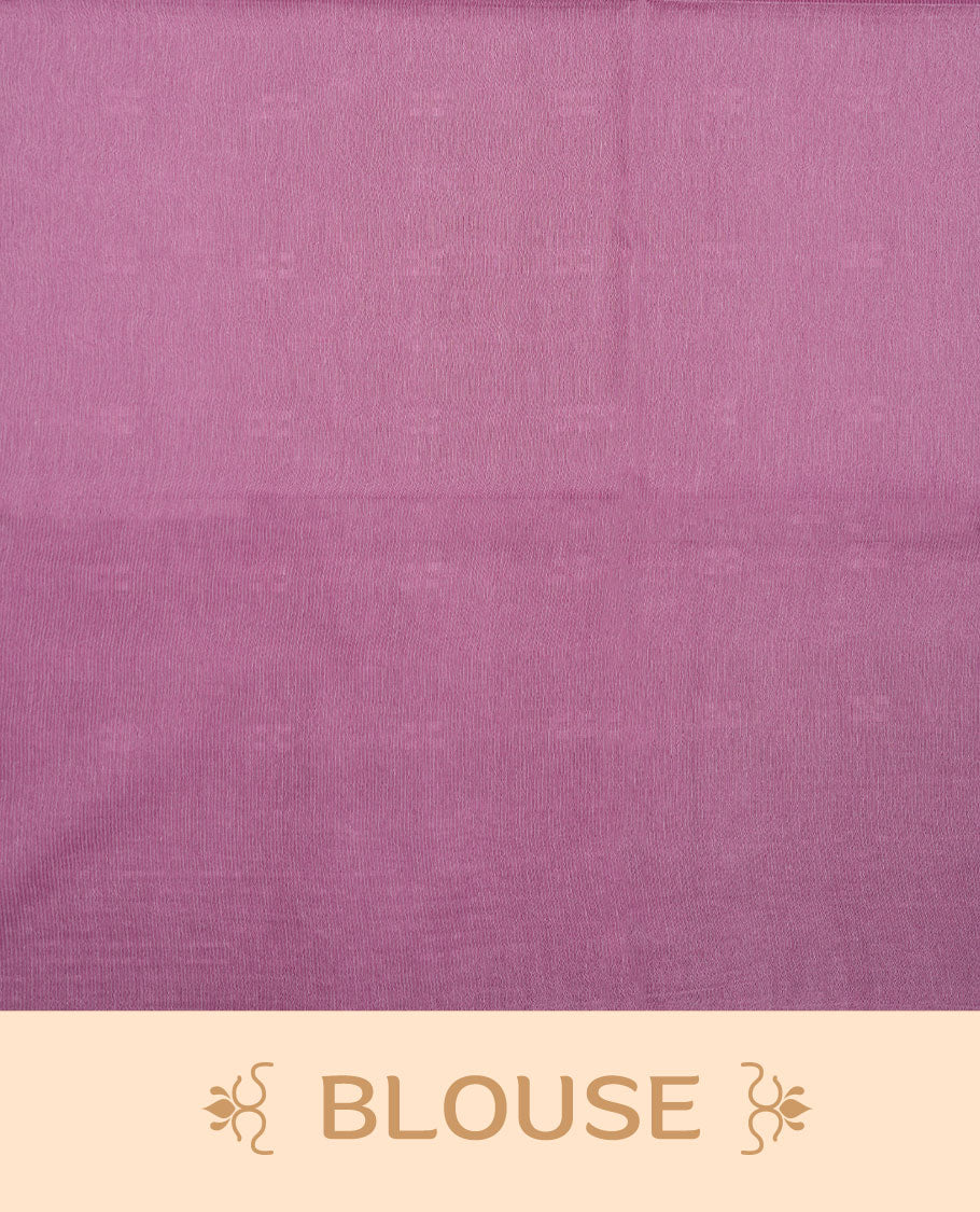 Light lavender colour semi jute saree highlighting white thread motifs on body, without border and paired with matching blouse.