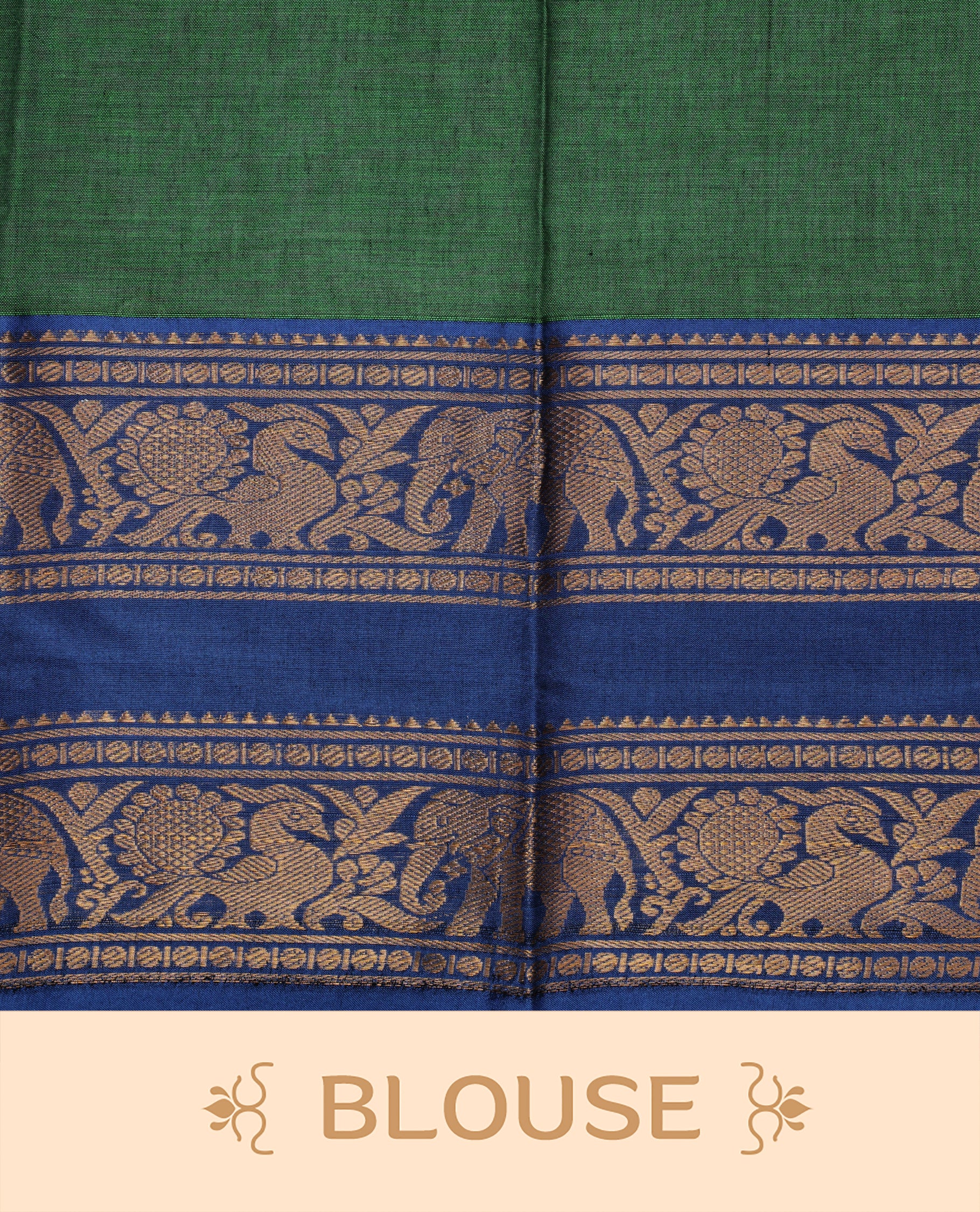Green colour Sungudi cotton saree Featuring Elegant plain Body, complemented by Contrast Blue colour with cream zari border, paired with matching blouse piece.