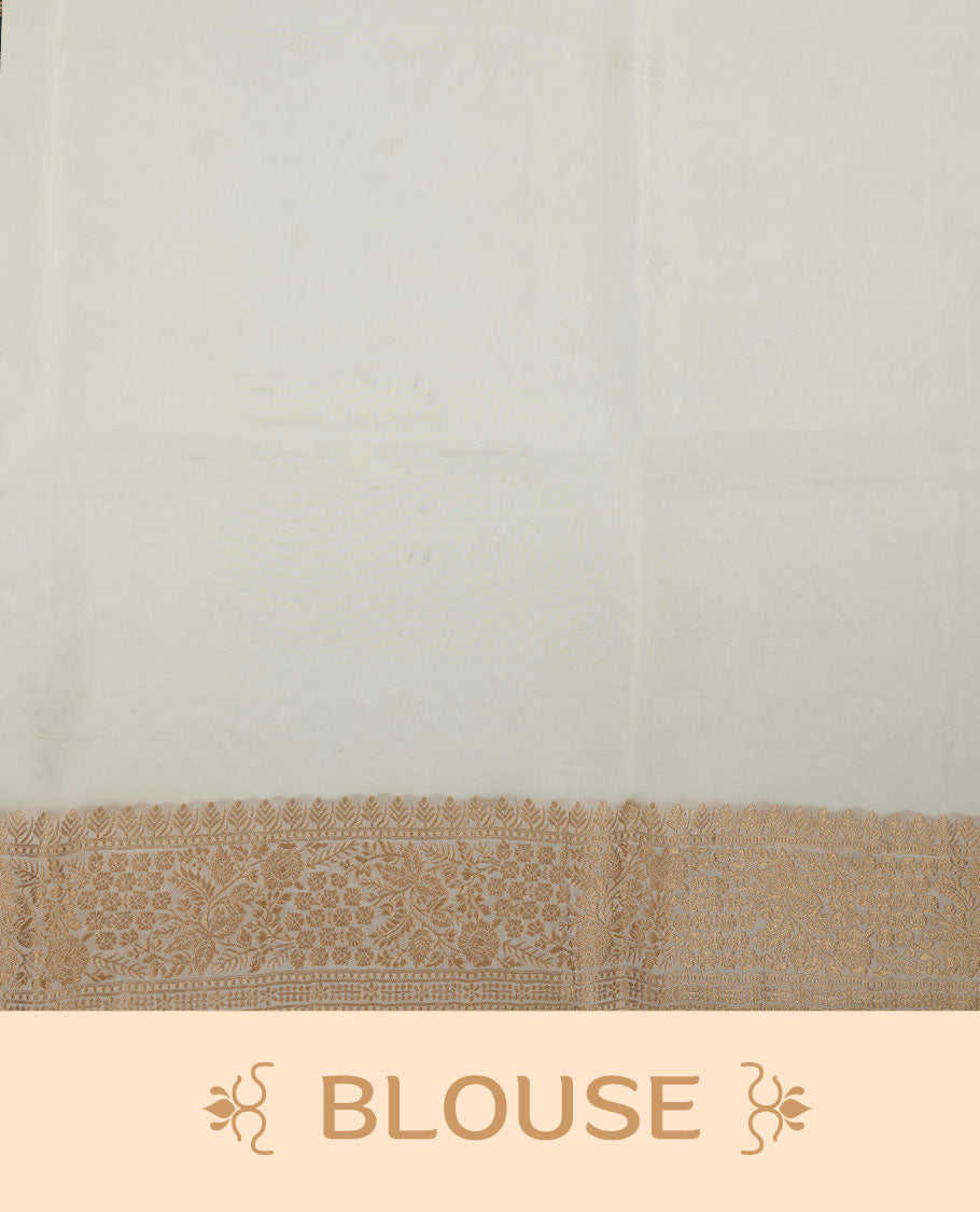 Yellow colour banaras satin crepe saree featuring gold zari motifs on body, with contrast cream colour border with gold zari pattern and paired with matching blouse.