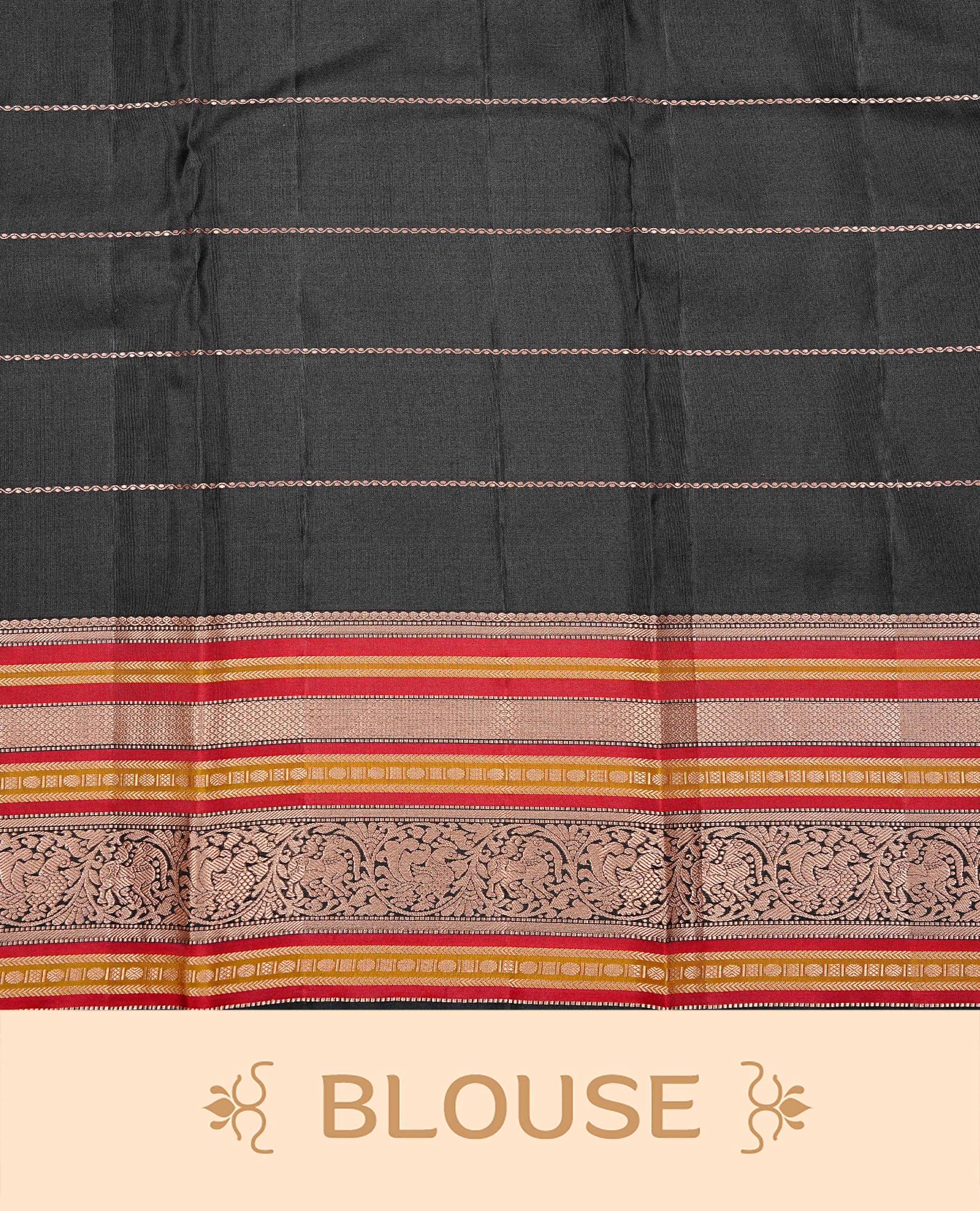 Green colour Kancheepuram silk saree featuring Gold Zari Peacock & stripes on body, enrich Gold Zari with Red, mustard on contrast black border, paired with a Matching blouse piece.
