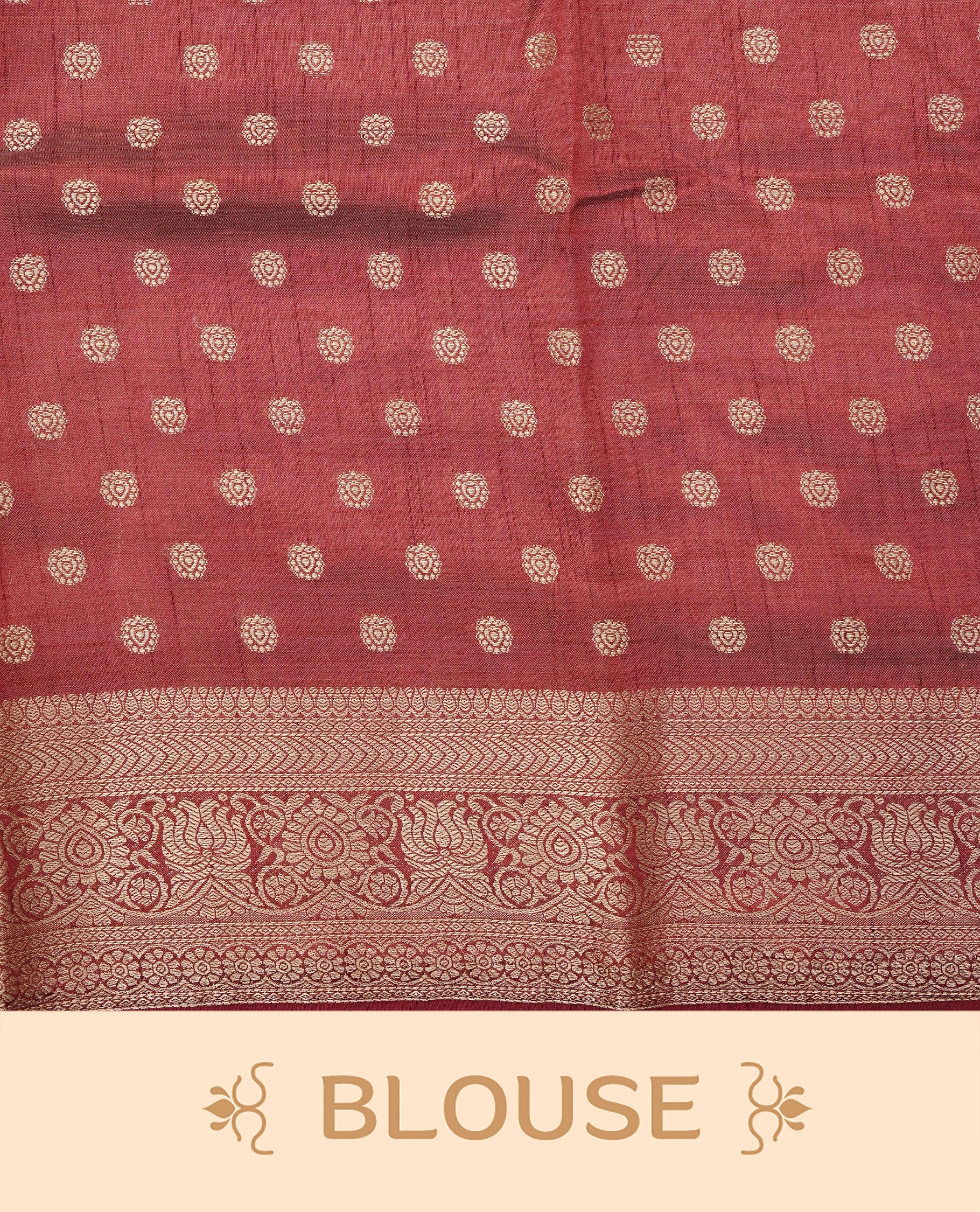 Light Gold Tussar saree featuring Gold zari buttas on body, complemented by contrast Maroon Colour with Gold zari border, comes with matching blouse piece.