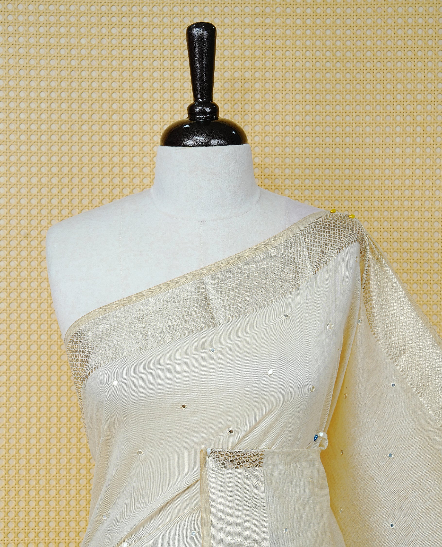 Cream Colour Tussar Kerala Saree Featuring Elegant Mirror Work on the Body, Enhanced with a Light Gold Zari Border, Floral Thread Work, and a Blue & Gold Zari Pallu, Paired with a Matching Blouse Piece