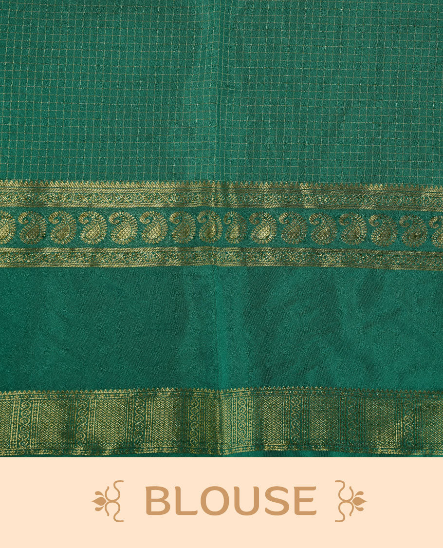 Black colour semi georgette saree featuring gold zari check pattern on body, complemented by contrast green colour with zari border, paired with matching blouse piece.