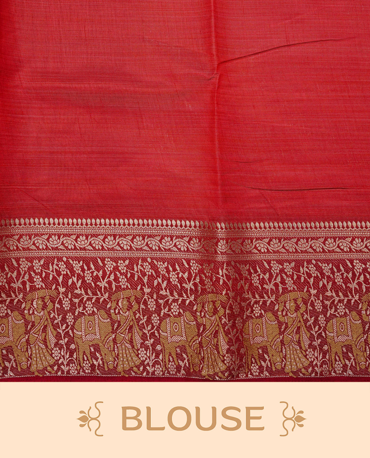 Light gold tussar saree featuring Elegant plain body, complemented by contrast Maroon colour with Gold zari Floral kodi with Women & Cow Pattern border, comes with matching blouse piece.
