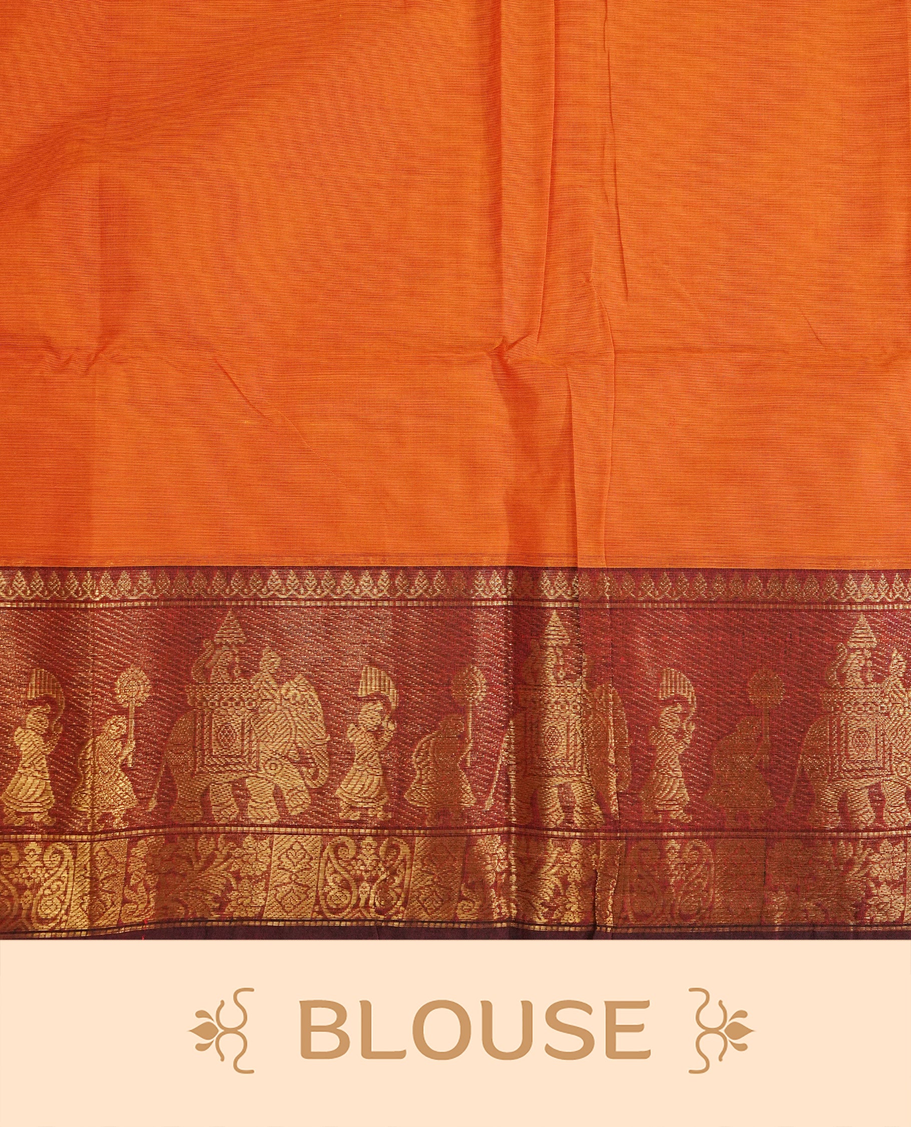 Rust Orange Colour Chettinad Cotton Saree Featuring a Plain Body, Complemented by a Maroon Colour Border with Traditional Gold Zari and a Contrast Colour Striped Pallu, Paired with a Matching Blouse Piece.