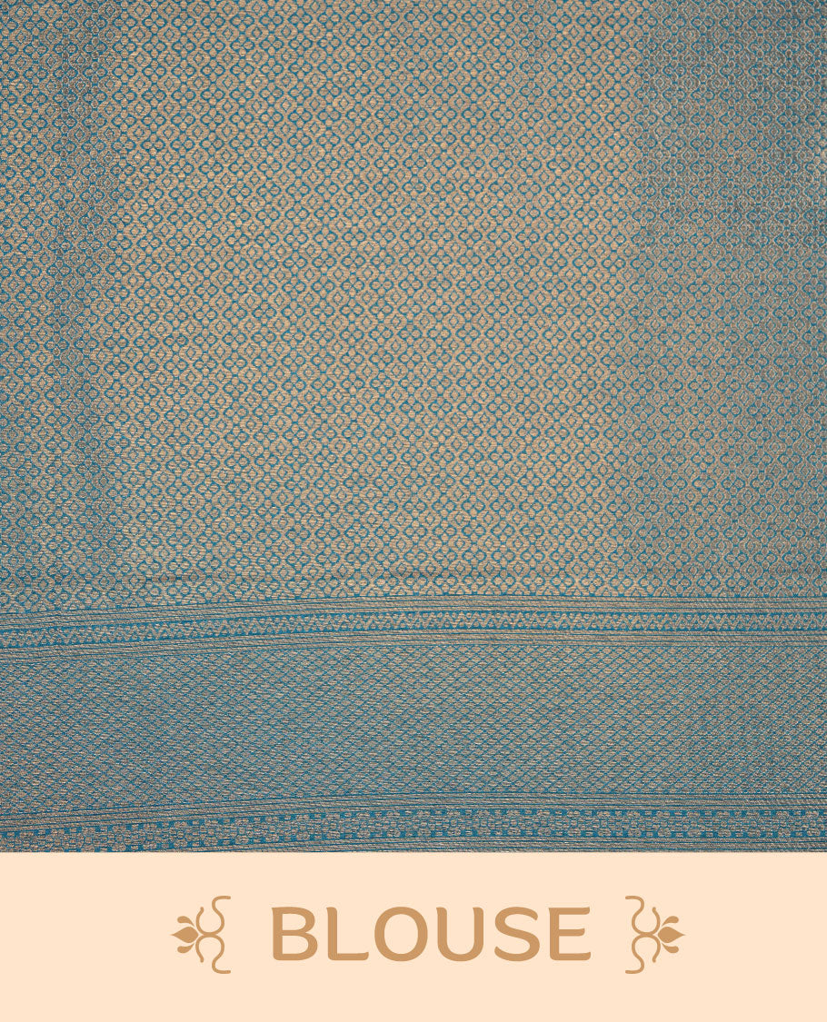 Teal blue colour semi soft silk brocade saree featuring delicate gold woven motifs across the body, enhanced with a self-colour intricately designed border and pallu, paired with a matching blouse piece.