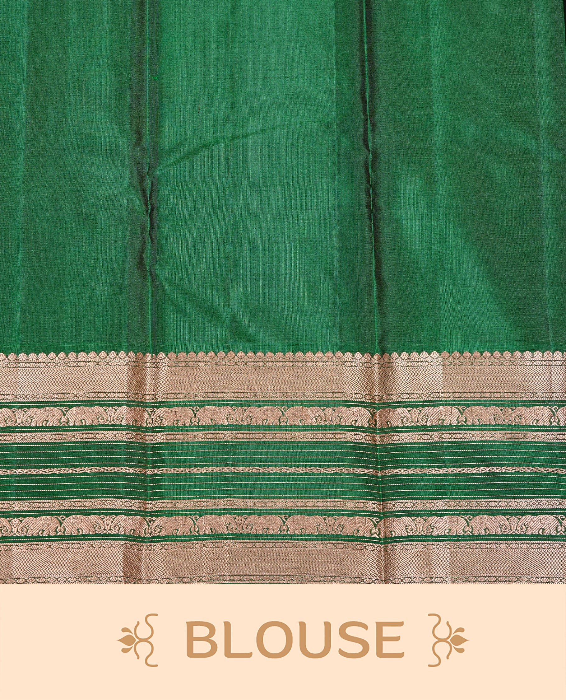 Mustard Colour Kancheepuram silk saree featuring gold zari motifs on body, highlighting Gold zari Elephant Traditional On contrast Green border, paired with Matching blouse piece.