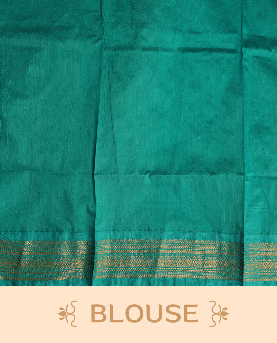 Lemon colour kalyani cotton saree featuring Elegant plain body, complemented by Aqua colour with Antique zari border, paired with matching blouse piece.