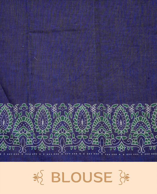 Off White colour Semi Linen Saree Featuring Elegant Floral Print on body, Contrast Blue Colour Border, Minimal Floral print Pallu, Unique Tassel Detailing For Festive Vibe, Contrast Colour Blouse piece.