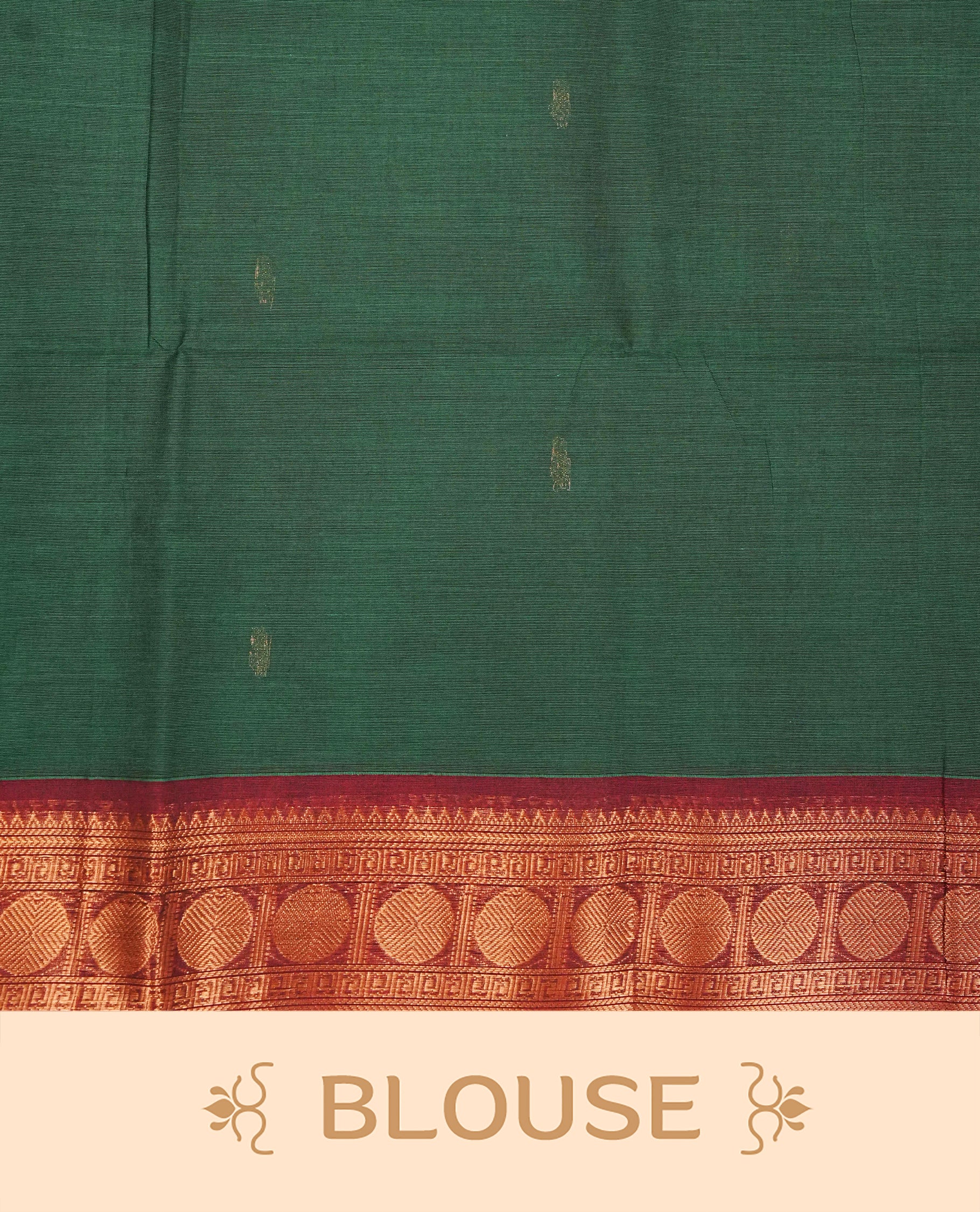 Green colour chettinad saree featuring gold zari motifs on body, complemented by contrast Maroon colour with gold zari border, comes with matching blouse piece.
