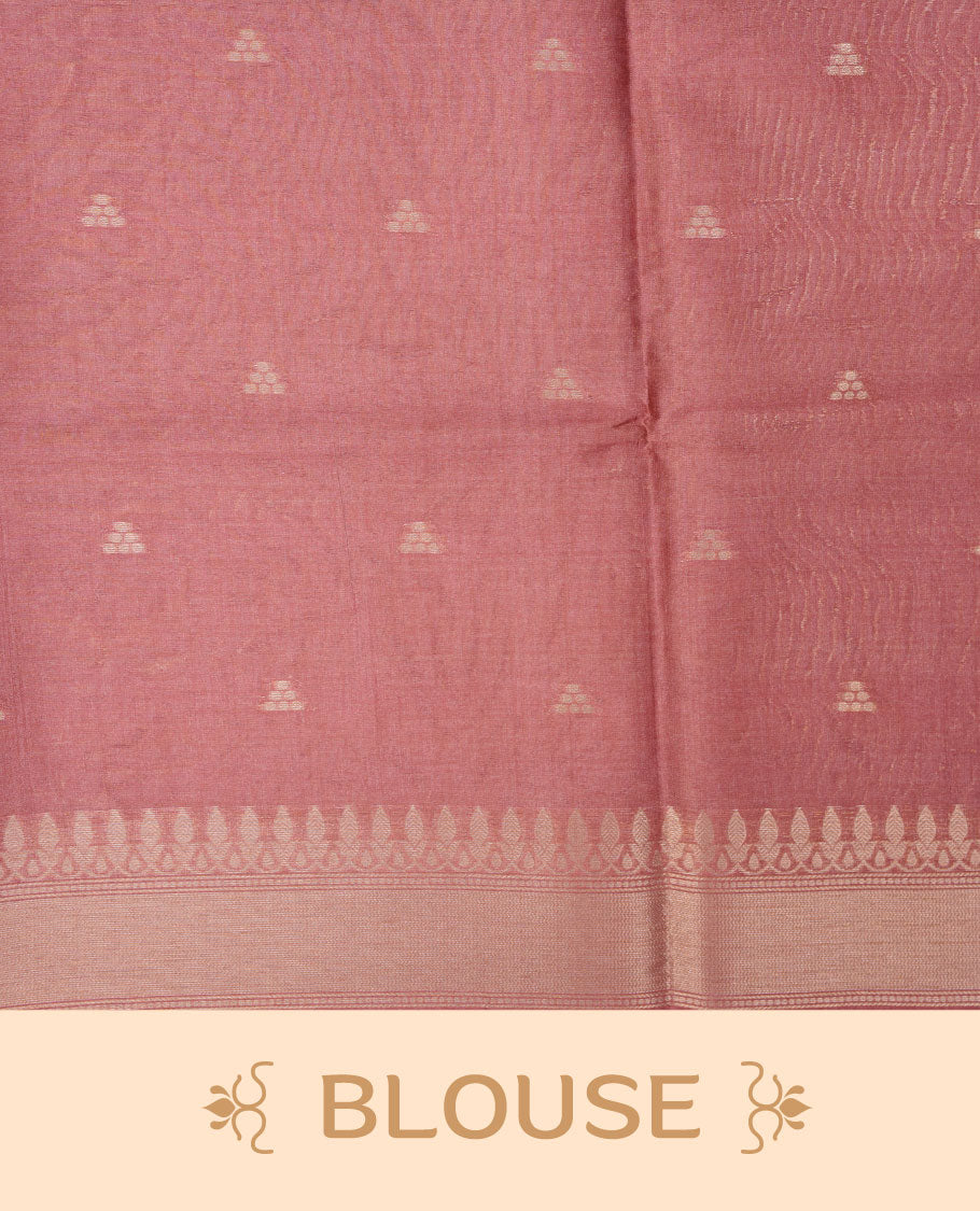 Peach colour semi tussar silk saree, featuring an intricate gold zari floral kodi pattern on the body and pallu, comes with matching blouse.