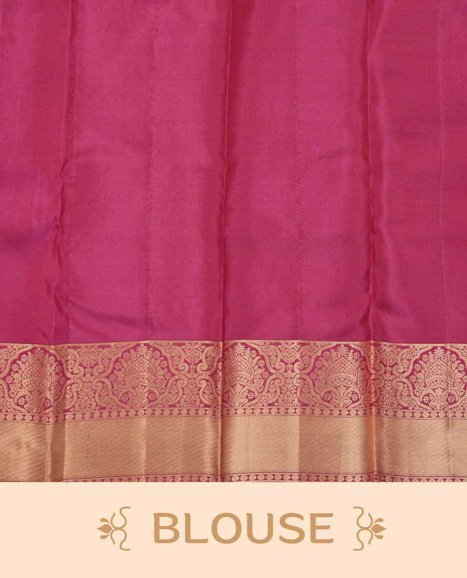 Magenta pink colour kancheepuram silk saree featuring floral zari jacquard on body with traditional border, paired with matching blouse piece.