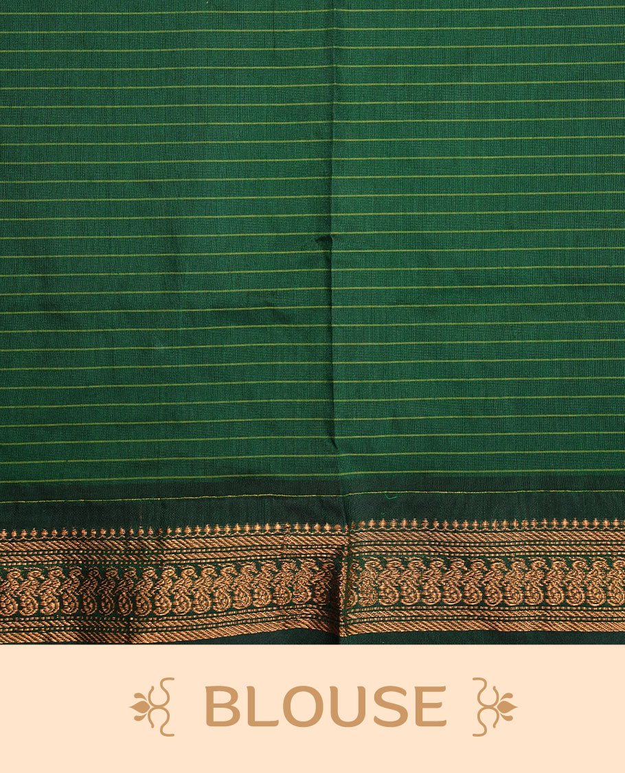 Maroon colour kalyani cotton saree featuring gold zari check pattern on body, complemented by green colour with Antique zari border, paired with matching blouse piece.