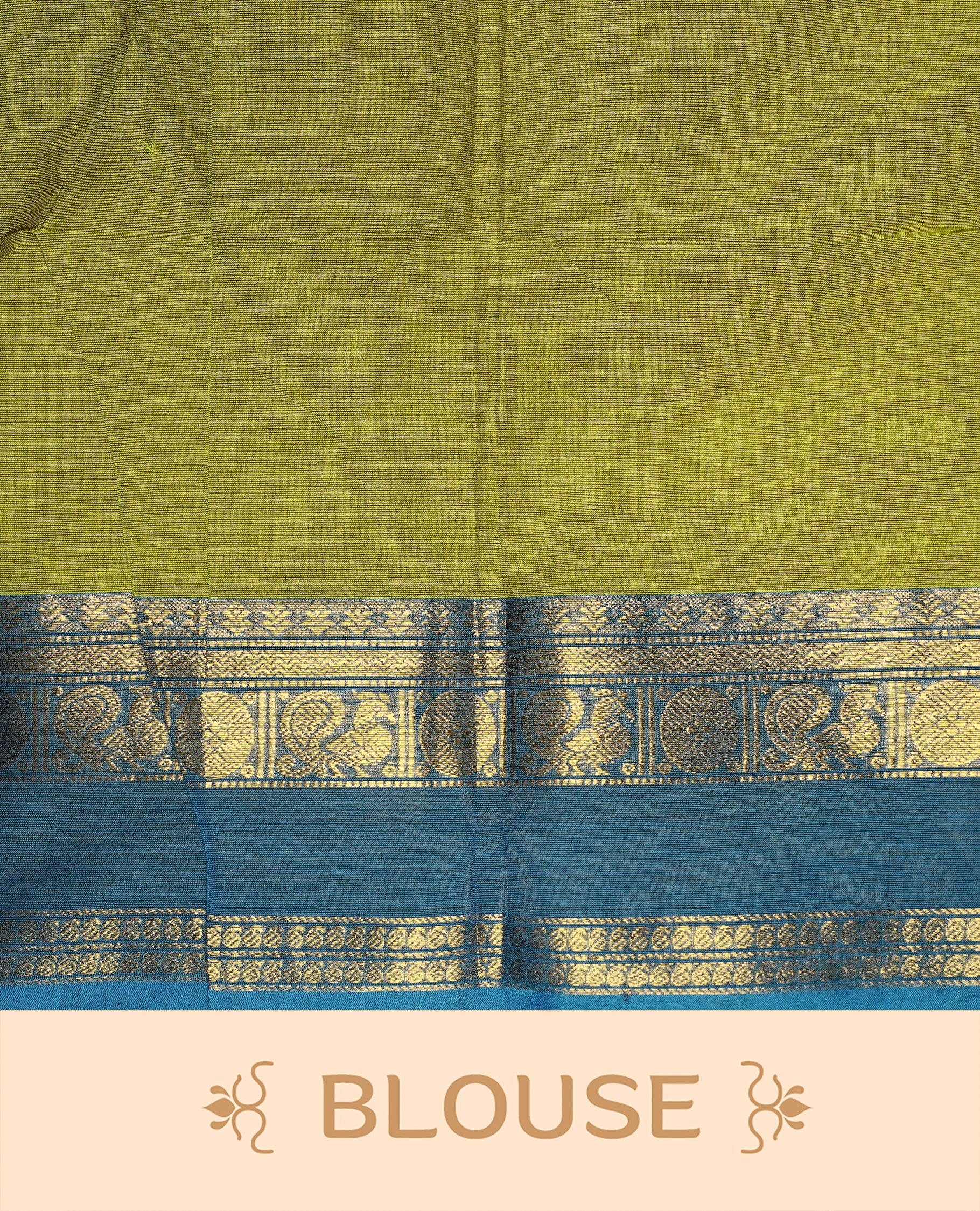 Lemon Green colour Chettinad cotton saree featuring Elegant plain body, complemented by contrast Blue colour with gold zari border, paired with matching blouse piece.