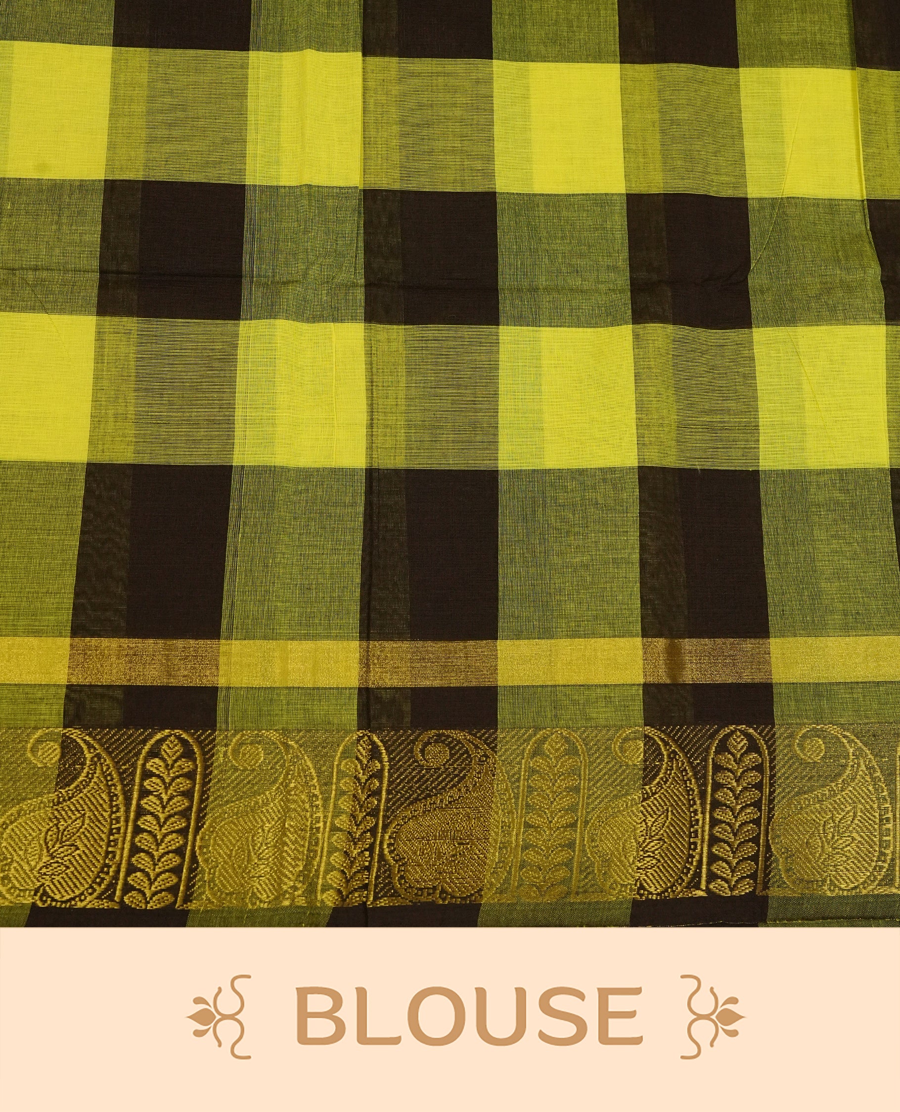 Lemon & Purple colour chettinad cotton saree featuring check pattern on body, complemented by Self Colour with gold zari border, comes with matching blouse piece.