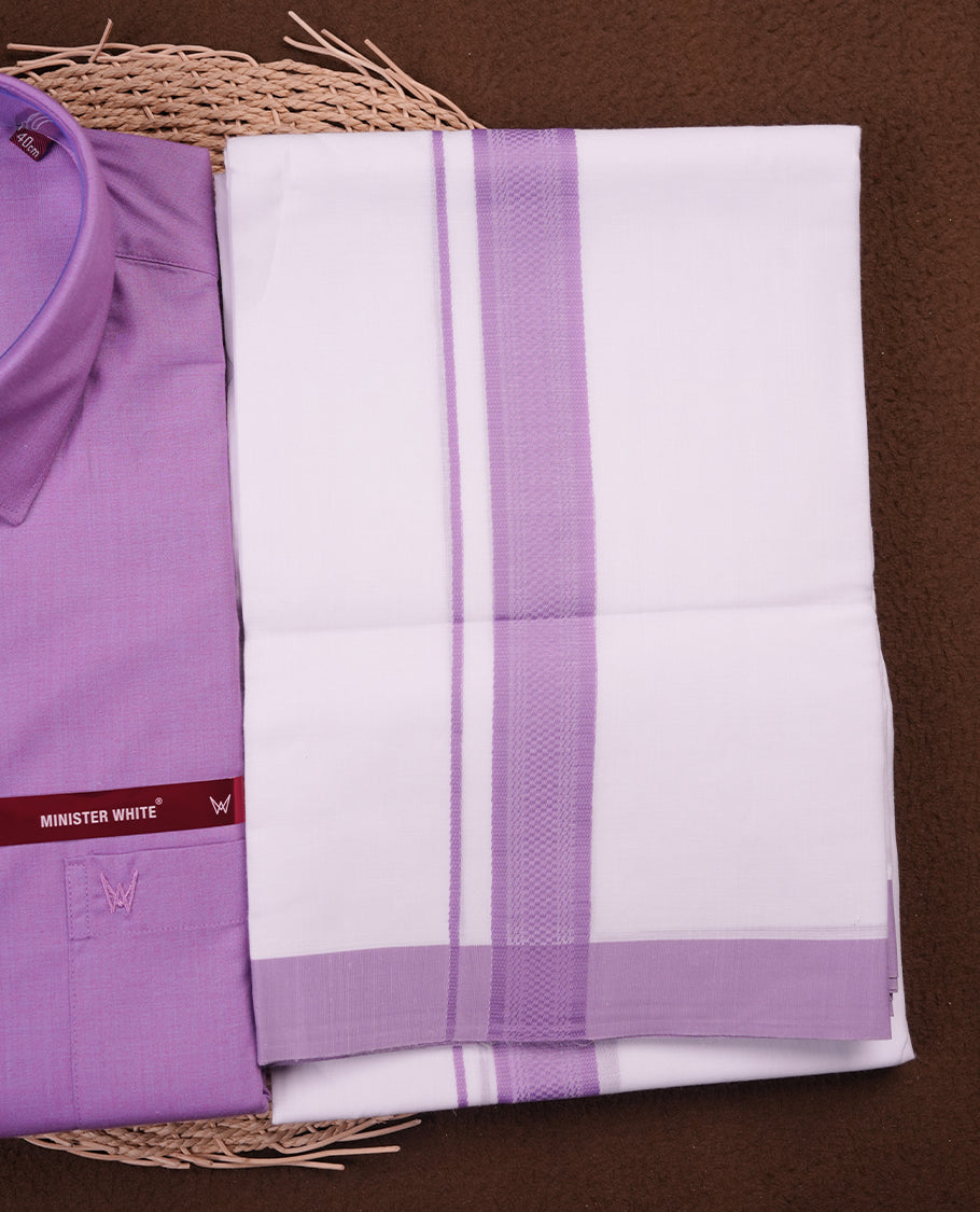 Violet Colour MINISTER WHITE shirt paired with a matching dhoti, finished with a Violet colour border.