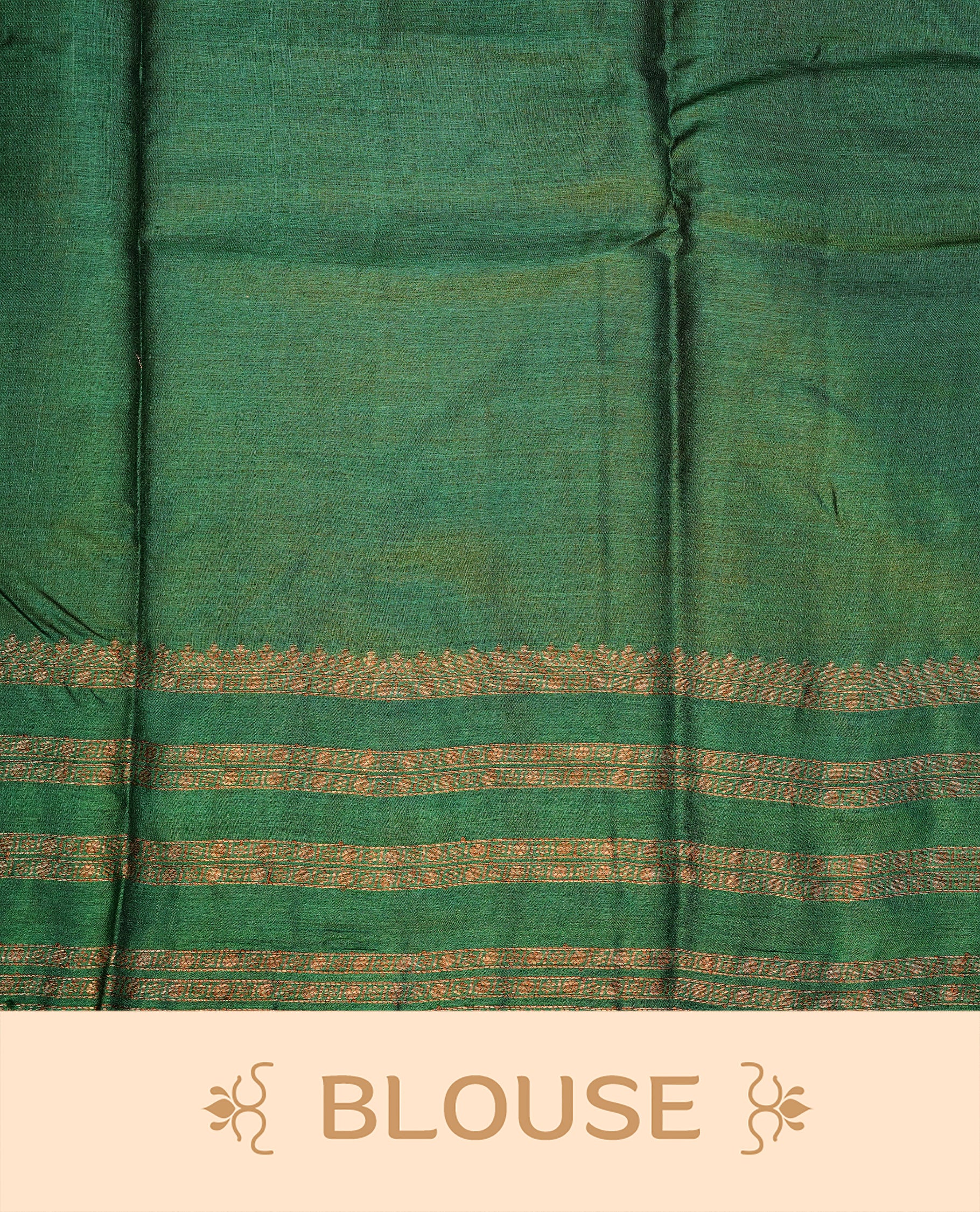 Mustard colour pure tussar banaras silk saree featuring gold zari motifs on body, highlighting contrast green colour with zari border, paired with matching blouse piece.