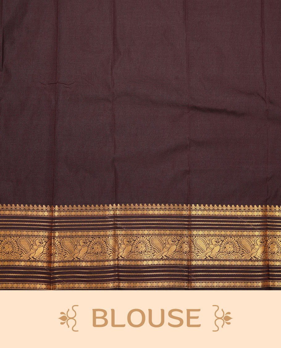 Chocolate colour soft silk saree featuring Gold zari check & motifs on body, complemented by self colour with traditional border, paired with matching blouse piece.
