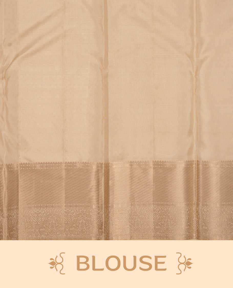 Cream colour Kancheepuram silk saree featuring antique silver floral jacquard on the body with a zari border, paired with a matching blouse piece.