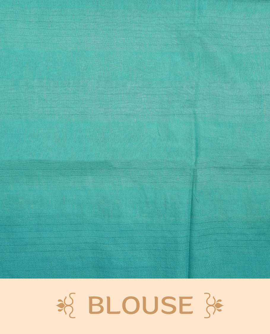 Cream & aqua dye pattern colour semi jute saree highlighting white stripped body, without border and paired with matching blouse.