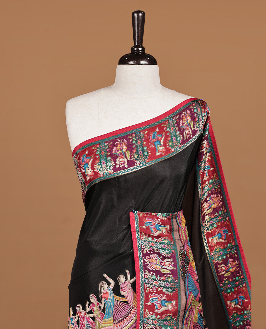 Black colour Pashmina saree featuring elegant plain body, contrast multi colour pattern border with dancing girl & pallu, Paired with matching unstitched blouse
