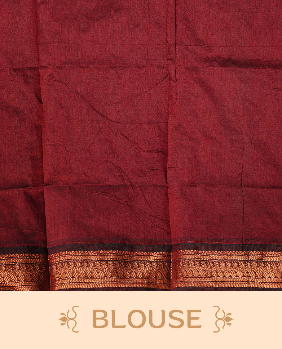 Green colour kalyani cotton saree featuring gold zari motifs on body, complemented by Maroon colour with Antique zari border, paired with matching blouse piece.