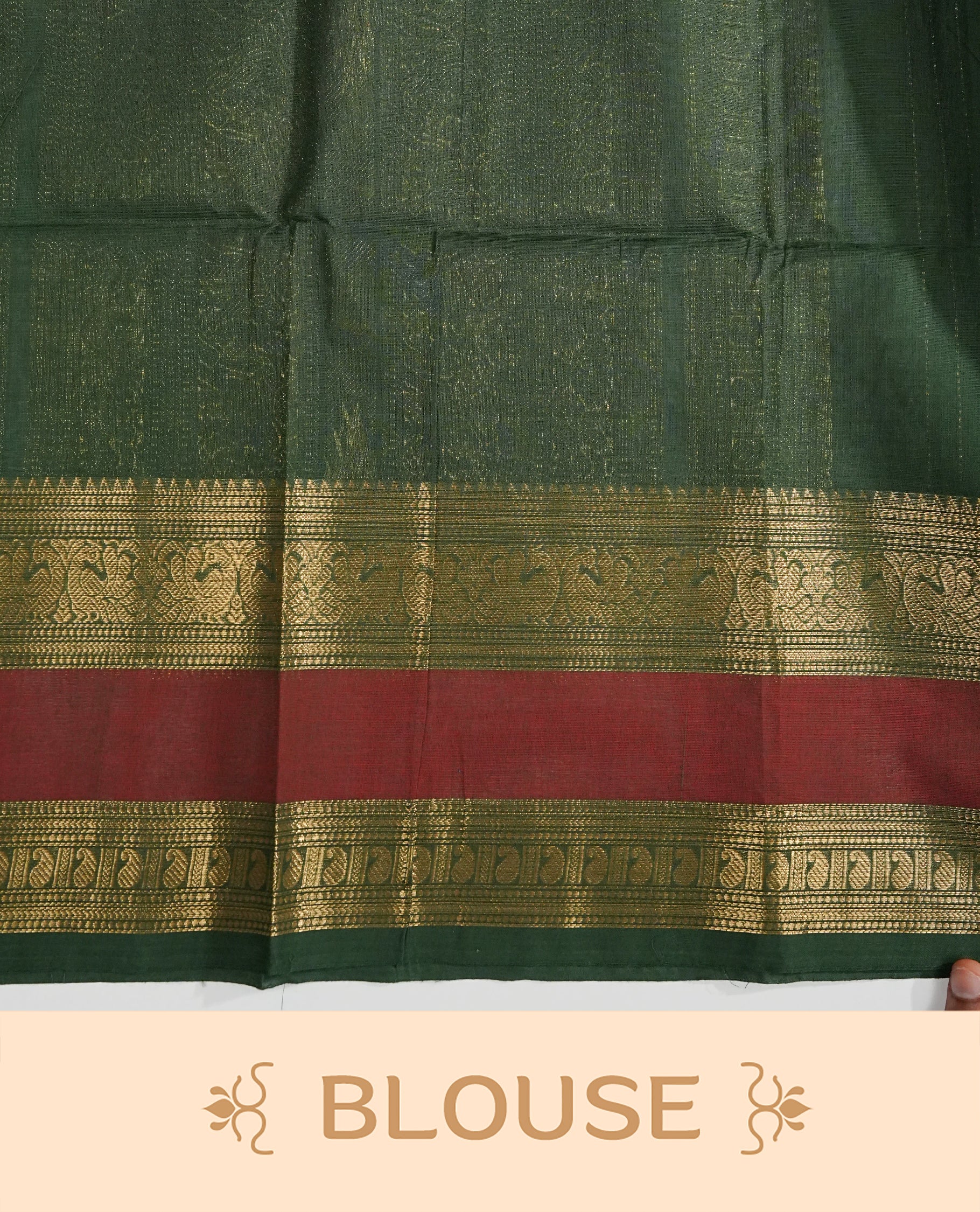 Green colour chettinad cotton saree Featuring Gold zari Strips on body, complemented by contrast Maroon colour with zari border, comes with matching blouse piece.