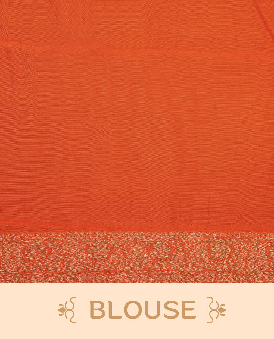 Orange semi Banaras saree with gold zari buta motifs, finished with a traditional gold zari border and pallu, paired with a matching blouse.