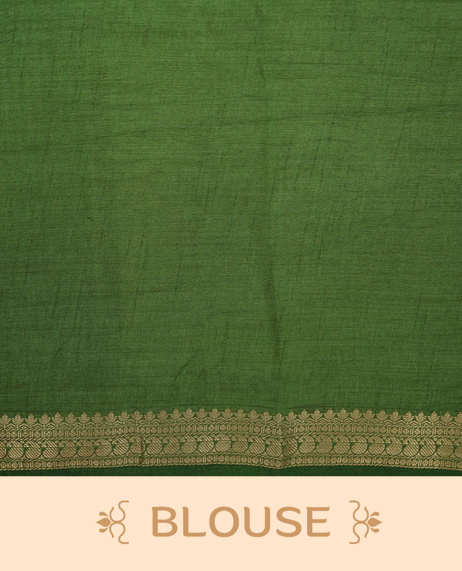 Cream colour tussar saree featuring elegant plain body, contrast Green colour gold zari border and comes with matching blouse piece.