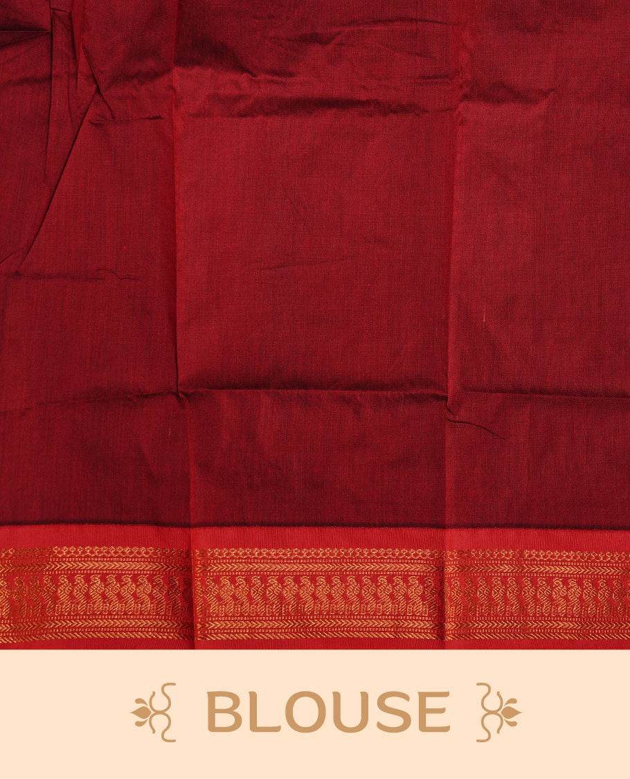 Black colour kalyani cotton saree featuring antique zari motifs on body, complemented by red colour with Antique zari border, paired with matching blouse piece.