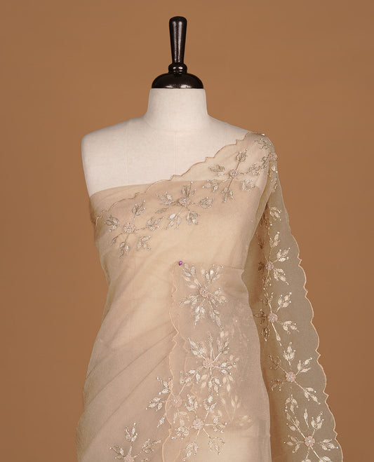 Light coffee colour crush organza saree featuring gold thread floral and stone worked  body, highlighting scalp designed border, paired with matching blouse piece.