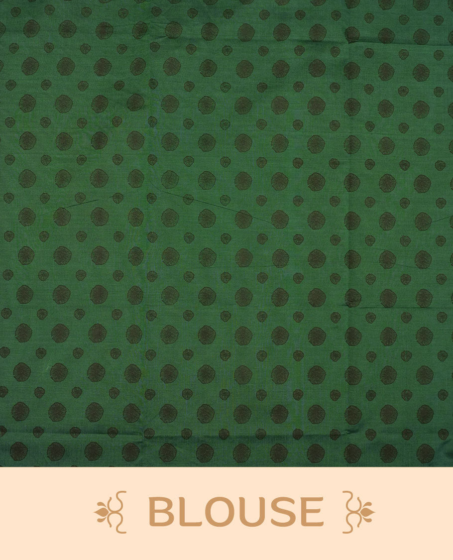 Dark green colour poly cotton saree with black abstract butti motifs on the body, paired with a matching pallu with dense black textured round butta pattern, and a coordinated all‑over textured round butta printed blouse piece.