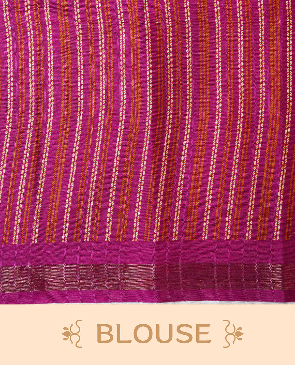 Rust orange and magenta  Colour Kattan silk saree featuring buttas all over the body, a temple-designed border &  a contrasting striped pallu with tassels. Paired with a matching contrast-striped blouse piece.