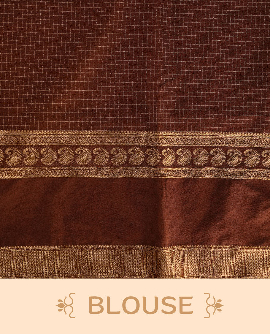 Yellow colour semi georgette saree featuring gold zari check pattern on body, complemented by contrast chocolate colour with zari border, paired with matching blouse piece.