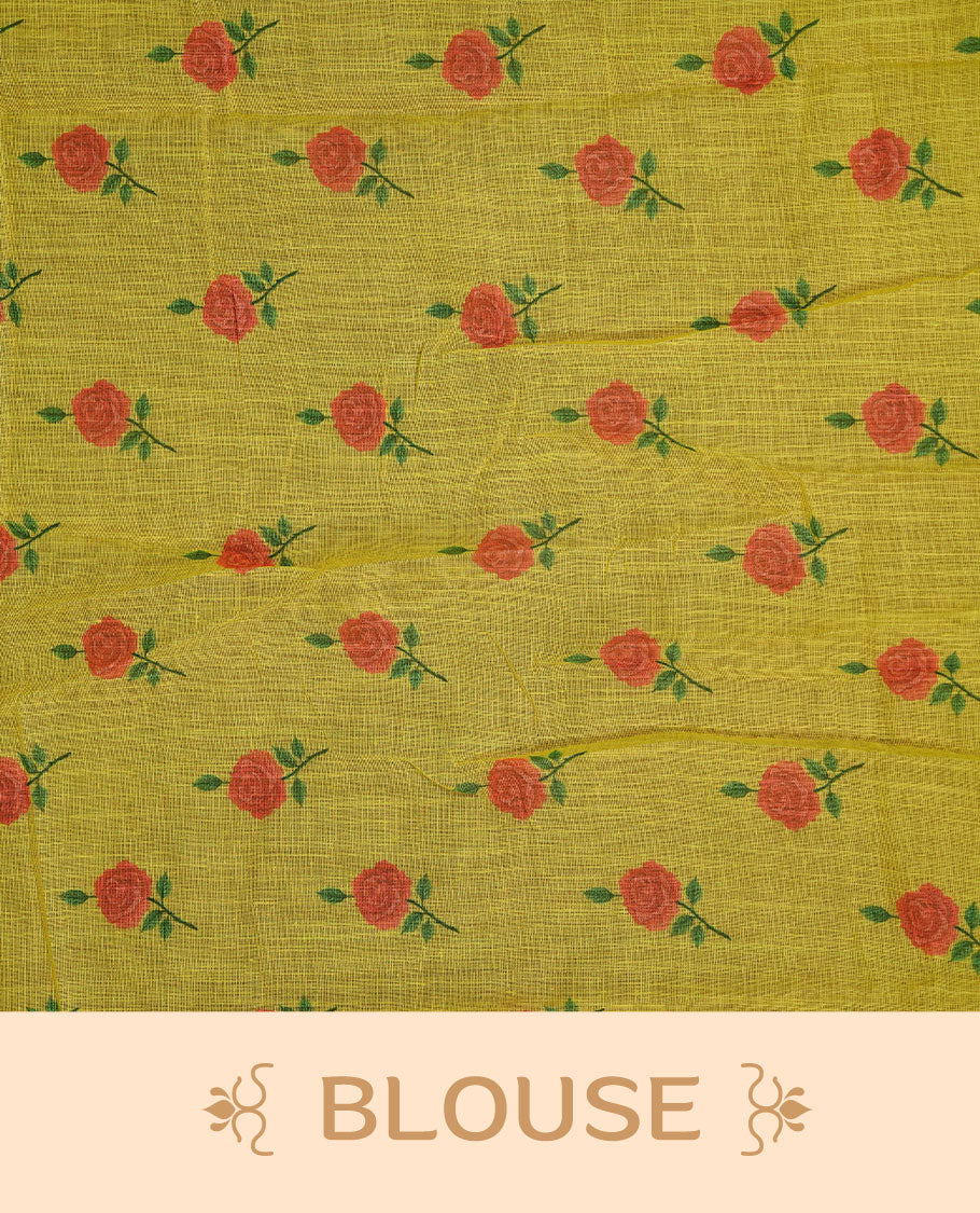 Yellow colour Semi Linen saree featuring a stylish check pattern adorned with floral prints on the body, enhanced by a small gold border, paired with a matching blouse piece.