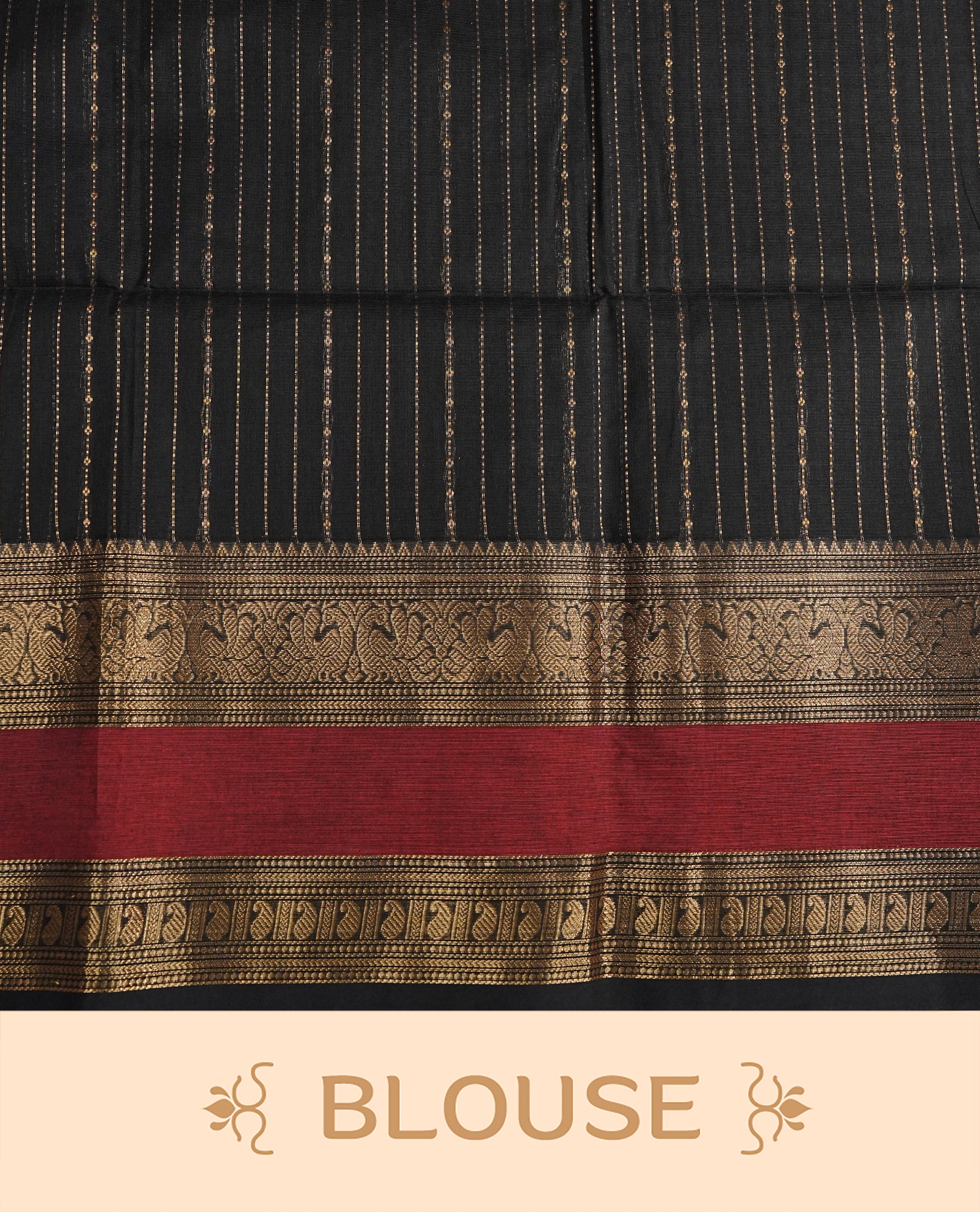 Black colour chettinad cotton saree Featuring Gold zari Strips on body, complemented by contrast Maroon colour with zari border, comes with matching blouse piece.