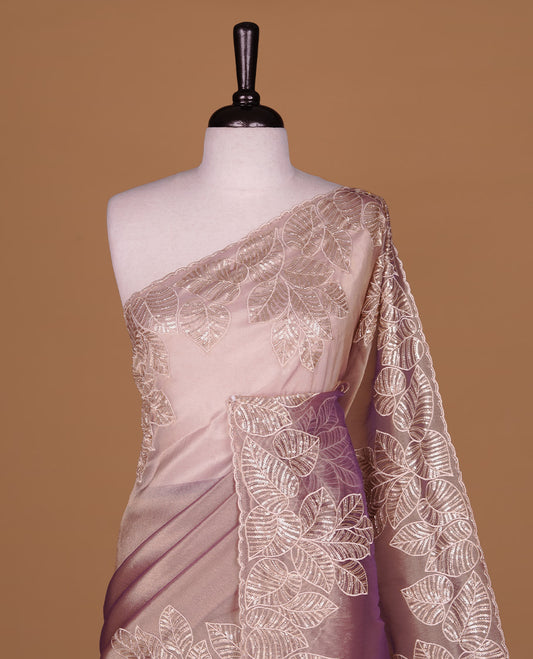 Lavender & gold double shade organza saree featuring thread & cut beats, sequins leaf pattern on body, highlighting scalp border, paired with matching blouse piece.