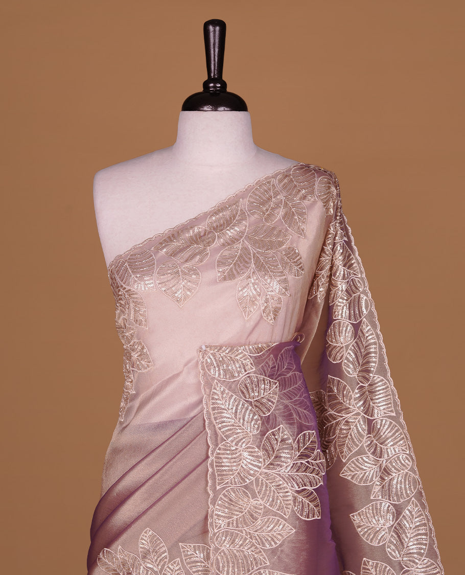 Lavender & gold double shade organza saree featuring thread & cut beats, sequins leaf pattern on body, highlighting scalp border, paired with matching blouse piece.