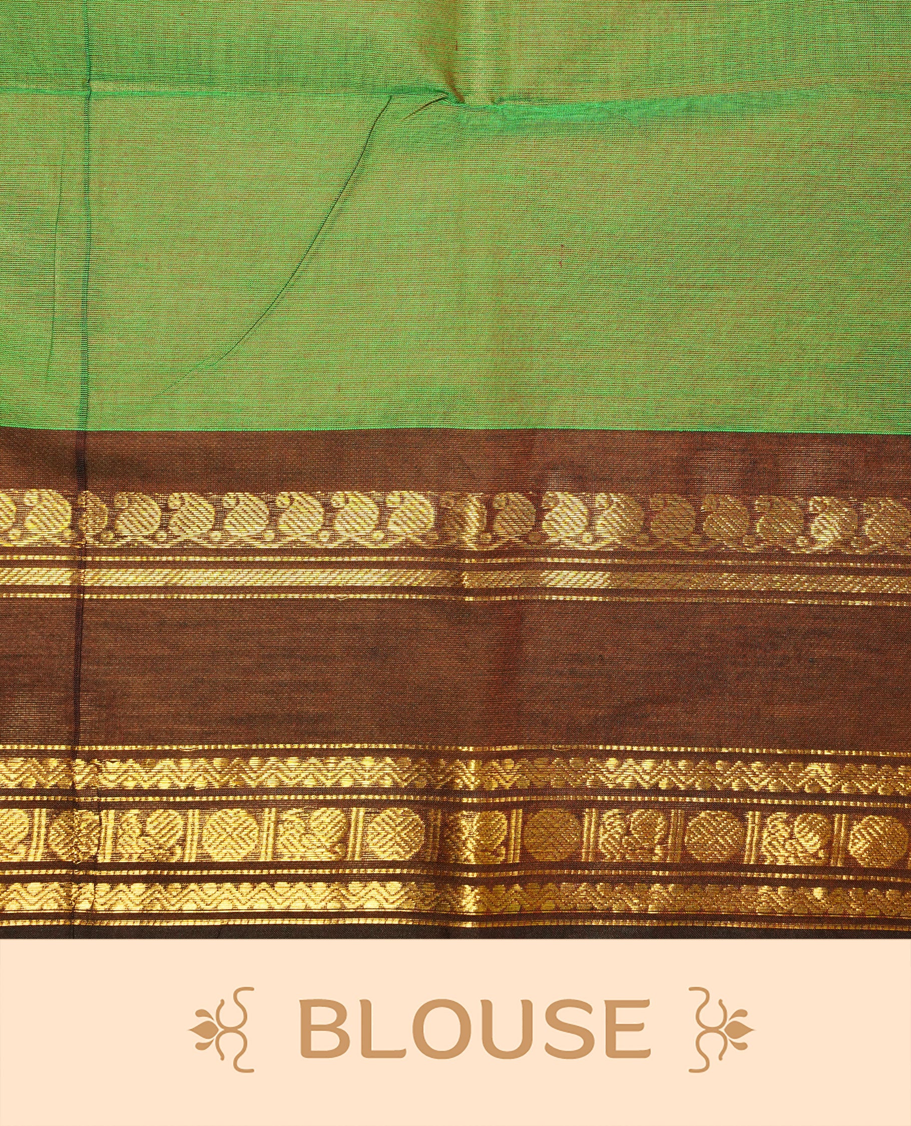 Green colour Chettinad cotton saree featuring Elegant plain body, complemented by contrast Chocolate Brown colour with gold zari border, paired with matching blouse piece.