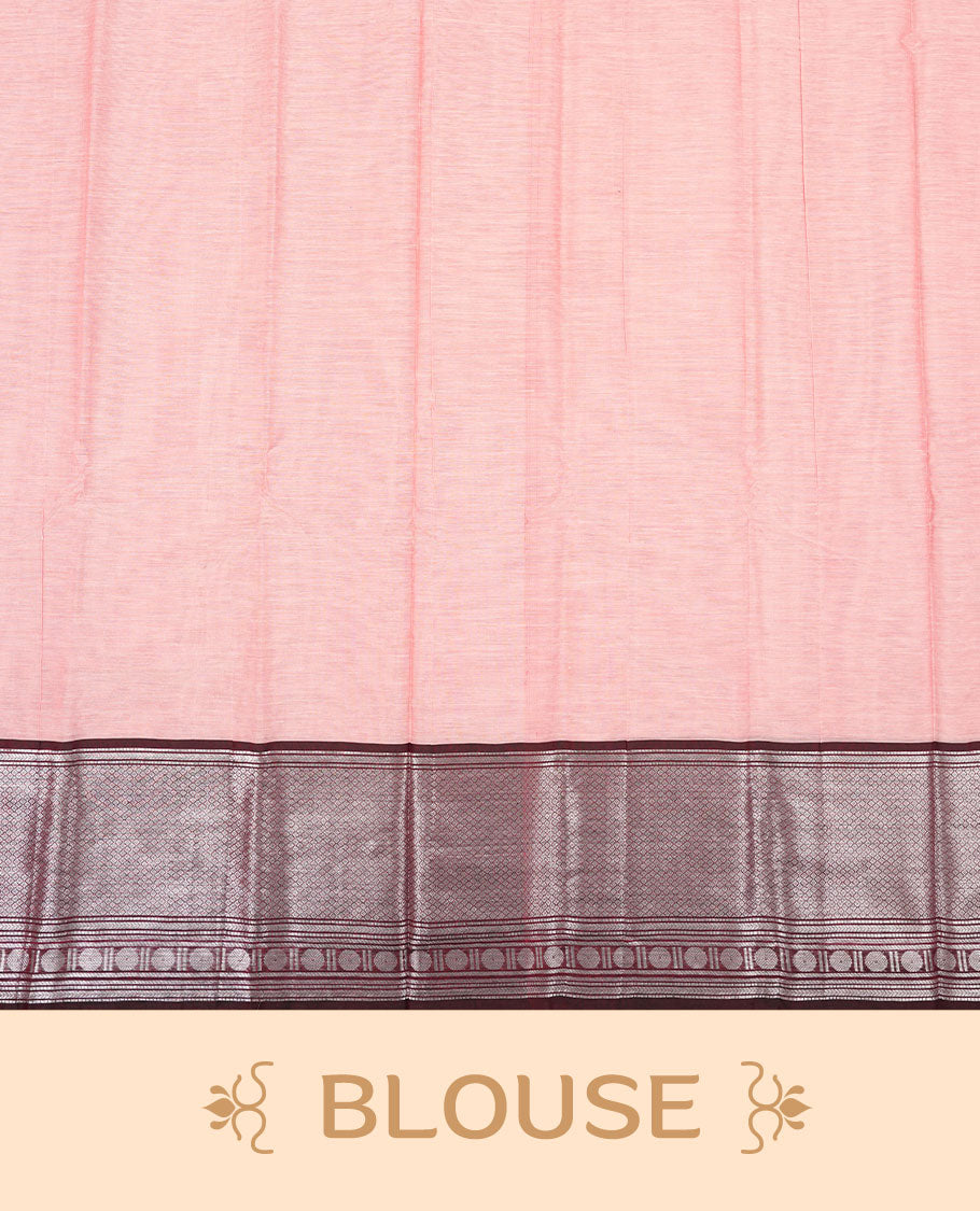Baby pink colour Narayanapattu cotton saree featuring a self coloured body, contrast Chocolate brown colour with silver zari border and pallu, pairing a matching blouse piece.