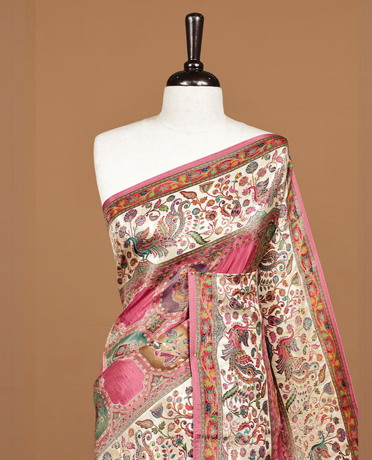 Pink colour Pashmina silk saree features an all over Multi colour box with motifs body, a contrast red floral kodi border and pallu, and a matching unstitched blouse.