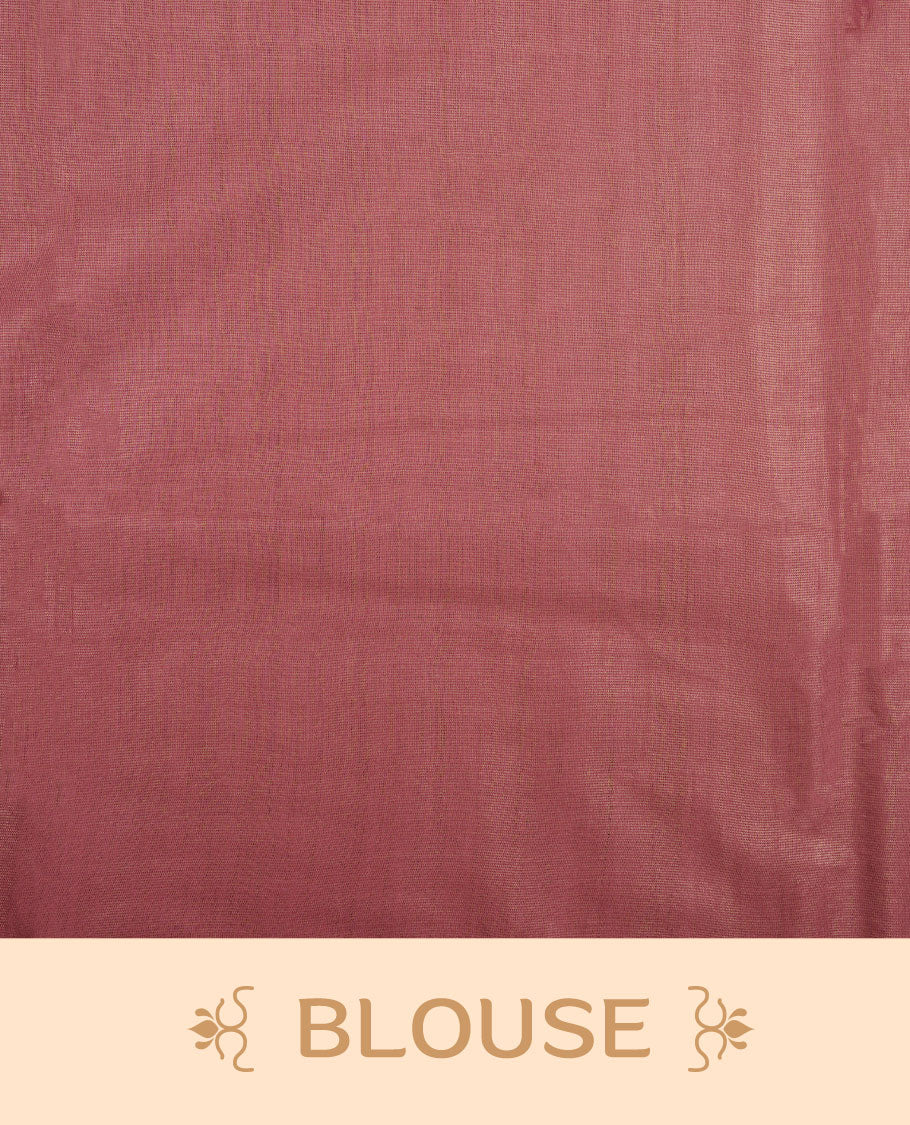 Pink colour semi jute saree highlighting gold zari stripped body with white motifs, without border and paired with matching blouse.