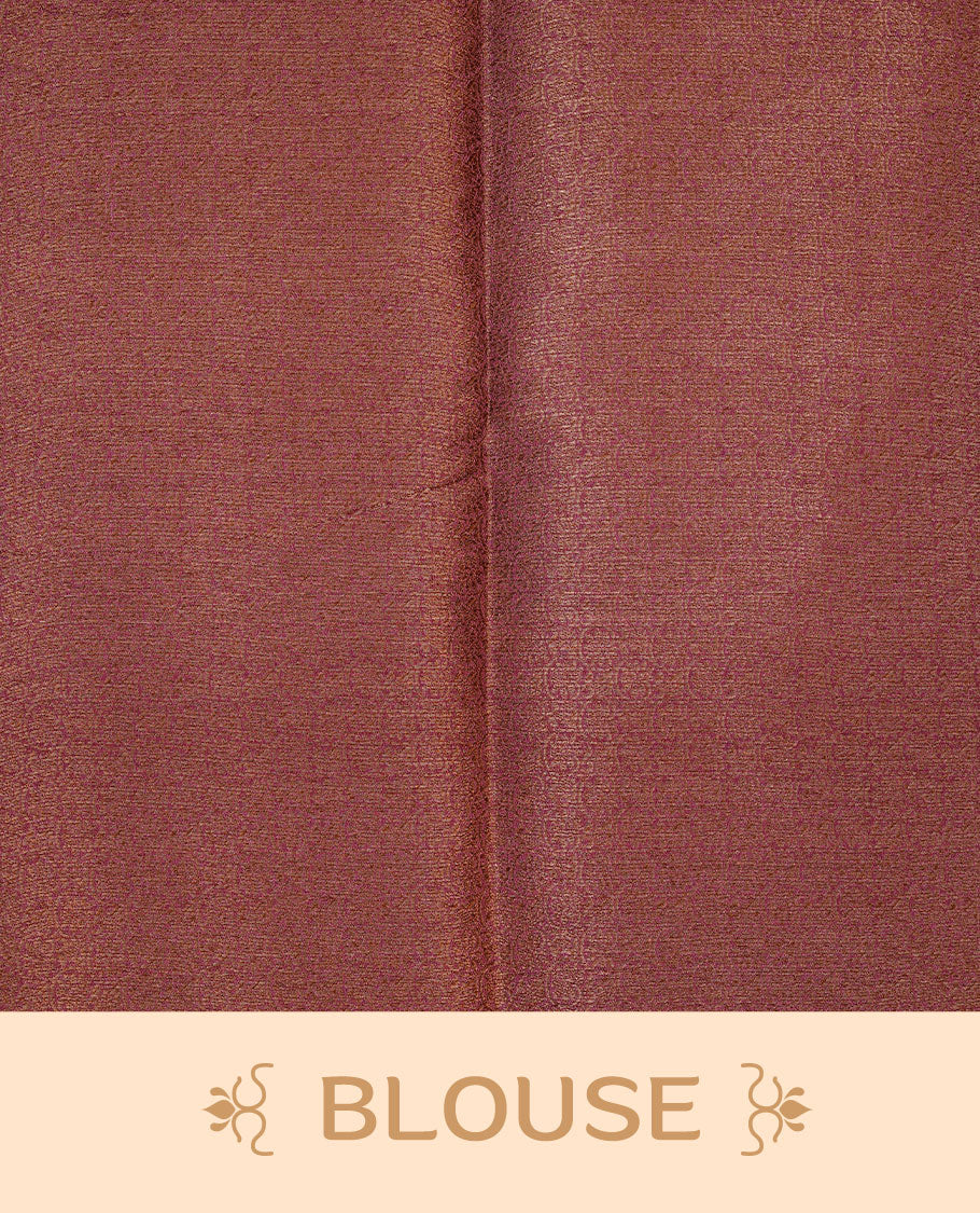 China rose colour semi banaras tussar silk saree highlighting gold zari bird motifs on body, complemented by self colour with antique zari border, paired with matching blouse piece.